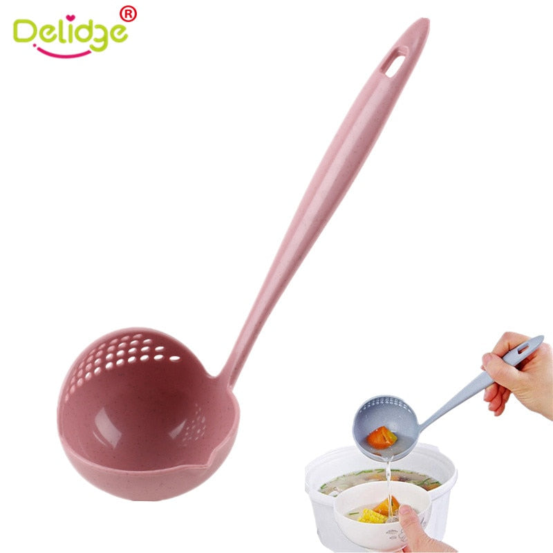 Delidge 1 pc 2 in 1 Soup Colander Wheat Straw Multifunction Long Handle Spoon Porridge Spoons With Filter Kitchen Cooking Tools