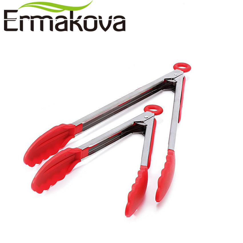 ERMAKOVA 2 Pcs/Set 9-Inch&12-Inch Red Kitchen Stainless Steel Tong Non-Stick Silicone Salad&Grill Salad Serving Bread BBQ Tong