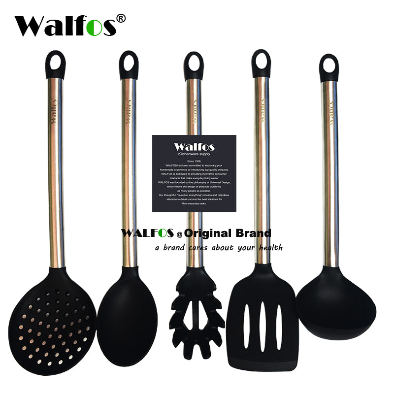 WALFOS 100% FOOD GRADE silicone cooking spoon soup ladle-egg spatula turner kitchen tools Stainless Steel Cooking Utensil Set