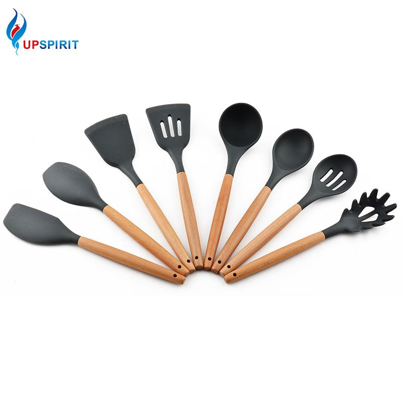 Upspirit 1PCS Silicone Spatula Spoon Colander Spaghetti Server Turner Cooking Utensil Set with Wood Handle Kitchen Gadgets