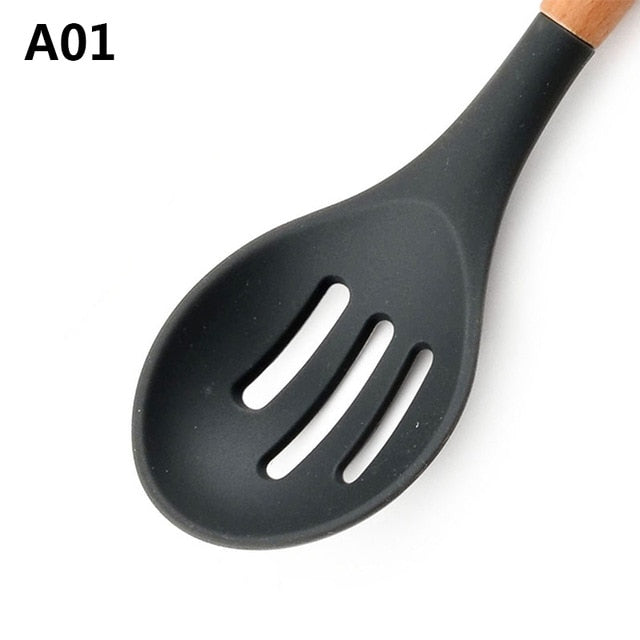 Upspirit 1PCS Silicone Spatula Spoon Colander Spaghetti Server Turner Cooking Utensil Set with Wood Handle Kitchen Gadgets