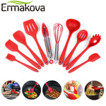 ERMAKOVA 10 Pcs/Set Silicone Kitchen Utensils Set Non-Stick Silicone Tong Spoon Spatula Pasta Server Whisk Ladle Strainer Tools