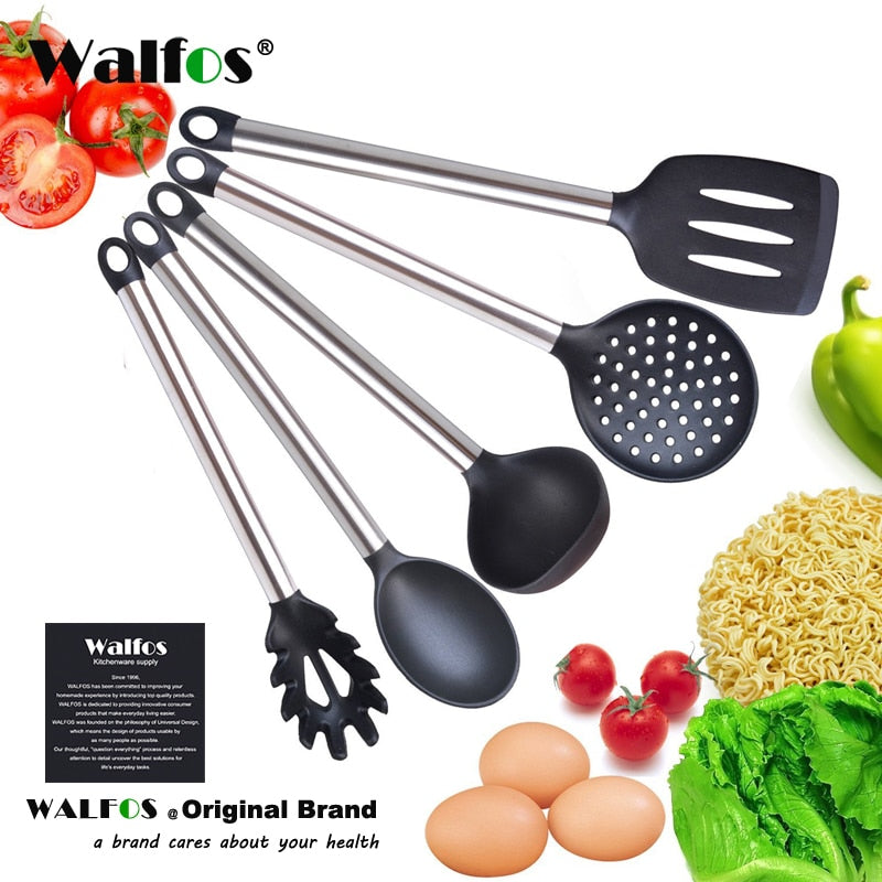 Walfos Silicone Ladle Soup Spoon Turner Cookware Tablespoon Stainless Steel Handle Anti-hot Ladles Kitchen Bar Cooking Accessories