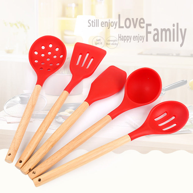 Xingcheng Silicone Head Utensils Wood Handle Soup Spoon Slotted Spoon Spatula Slotted Scoop Strainer Mesh non-stick Kitchen Tools