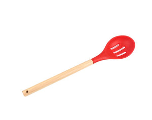 Xingcheng Silicone Head Utensils Wood Handle Soup Spoon Slotted Spoon Spatula Slotted Scoop Strainer Mesh non-stick Kitchen Tools