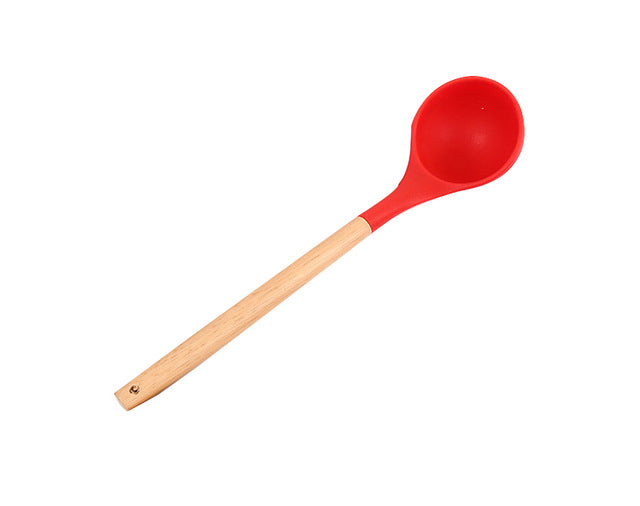 Xingcheng Silicone Head Utensils Wood Handle Soup Spoon Slotted Spoon Spatula Slotted Scoop Strainer Mesh non-stick Kitchen Tools