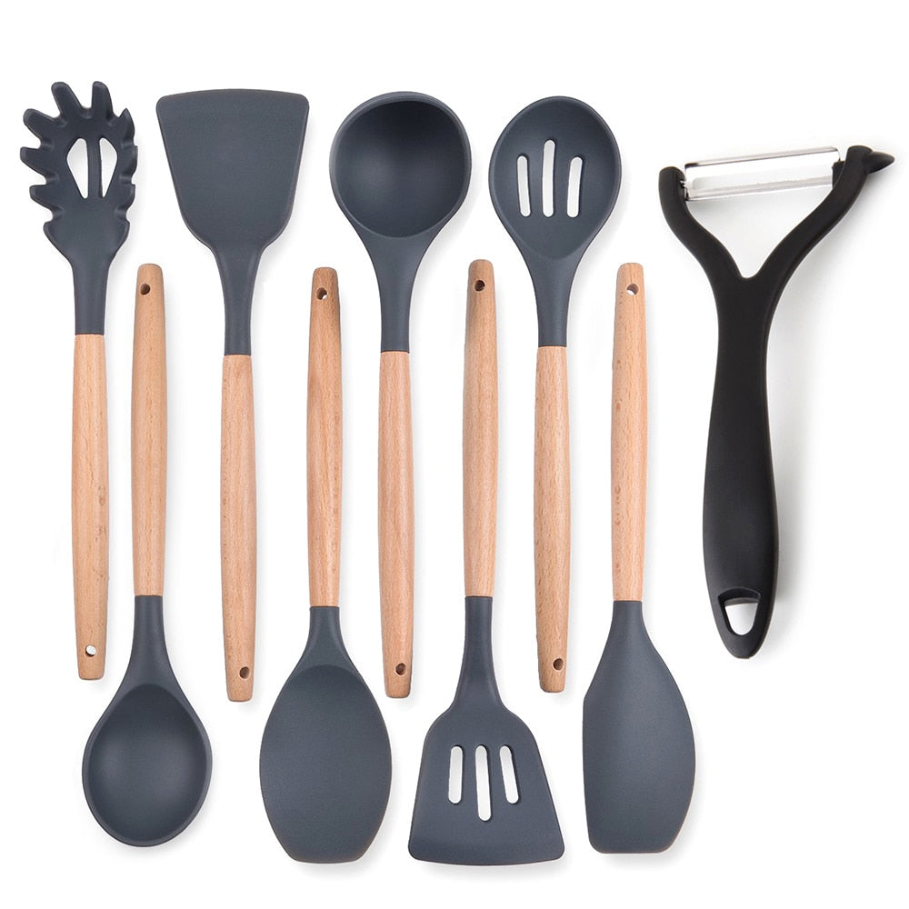 Leeseph 8-Piece Silicone Kitchen Utensils Set,  Cooking Utensils Set with Wood Handles for Nonstick Cookware, Bonus Peeler