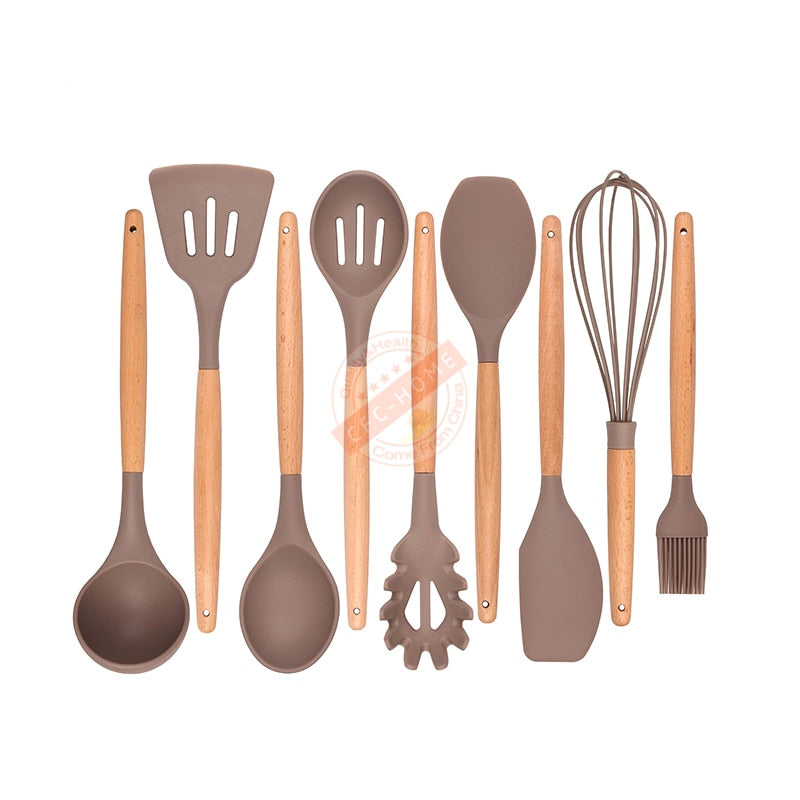 Leeseph Premium Silicone Cooking Utensil Set 9 Piece Home kitchen accessories Wood Cooking Utensils set for Nonstick Cookware