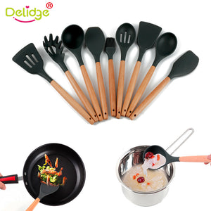 Delidge Silicone Kitchen Utensils Wood Handle Cooking Utensils Spatula Spoon Cooking Baking Tools Bakeware Kitchenware 9 Styles