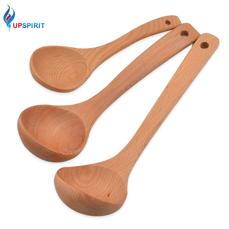 Upspirit Beech Spoon Wooden Soup Spoons Long Handle Sauces Ladle Milk Blender Food Stirrer Multi Sizes Tableware Kitchen Utensil