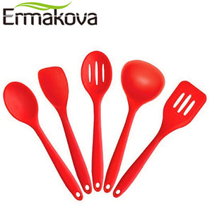 ERMAKOVA 5 Pcs/Set Silicone Kitchen Utensil Set Non-Stick Heat Resistant Spoon Ladle Turner Spatula Slotted Spoon FDA Approved