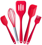 Leeseph silicone kitchen utensils set, silicone scraper, brush, leakage shovel, Whisk, kitchen baking tools set of 5 (Red & Black)