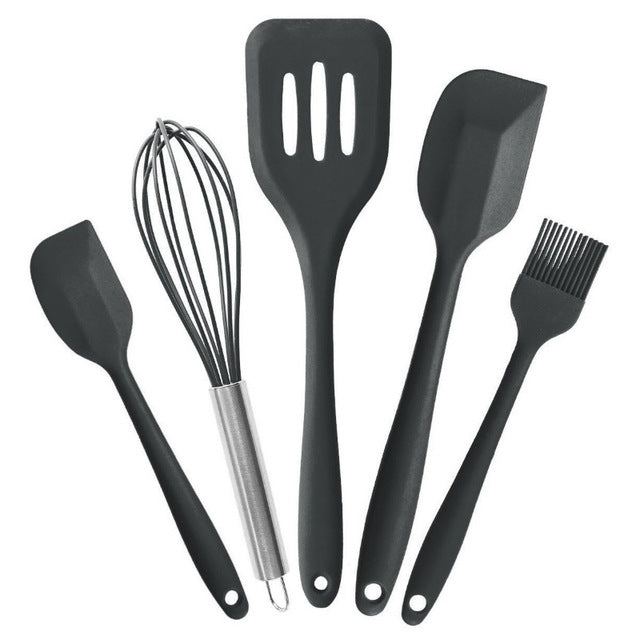 Leeseph silicone kitchen utensils set, silicone scraper, brush, leakage shovel, Whisk, kitchen baking tools set of 5 (Red & Black)