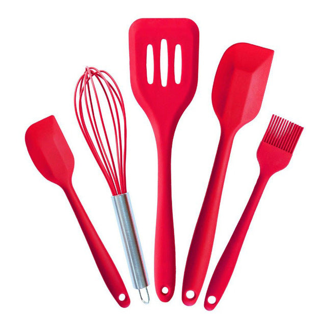 Leeseph silicone kitchen utensils set, silicone scraper, brush, leakage shovel, Whisk, kitchen baking tools set of 5 (Red & Black)