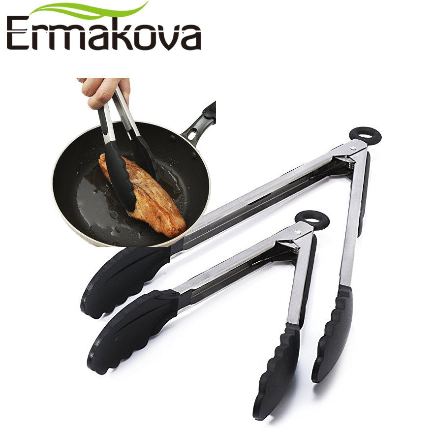 ERMAKOVA 2 Pcs/Set 9-Inch&12-Inch Black Kitchen Silicone Tong Non-Stick Stainless Steel Salad&Grill Salad Serving Bread BBQ Tong