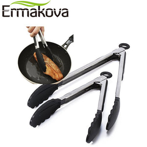 ERMAKOVA 2 Pcs/Set 9-Inch&12-Inch Black Kitchen Silicone Tong Non-Stick Stainless Steel Salad&Grill Salad Serving Bread BBQ Tong