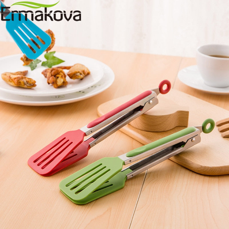 ERMAKOVA Non-Stick Nylon Kitchen Spatula Tong Bread Salad Steak Tong Clip Stainless Steel Locking BBQ Cooking Food Serving Tong