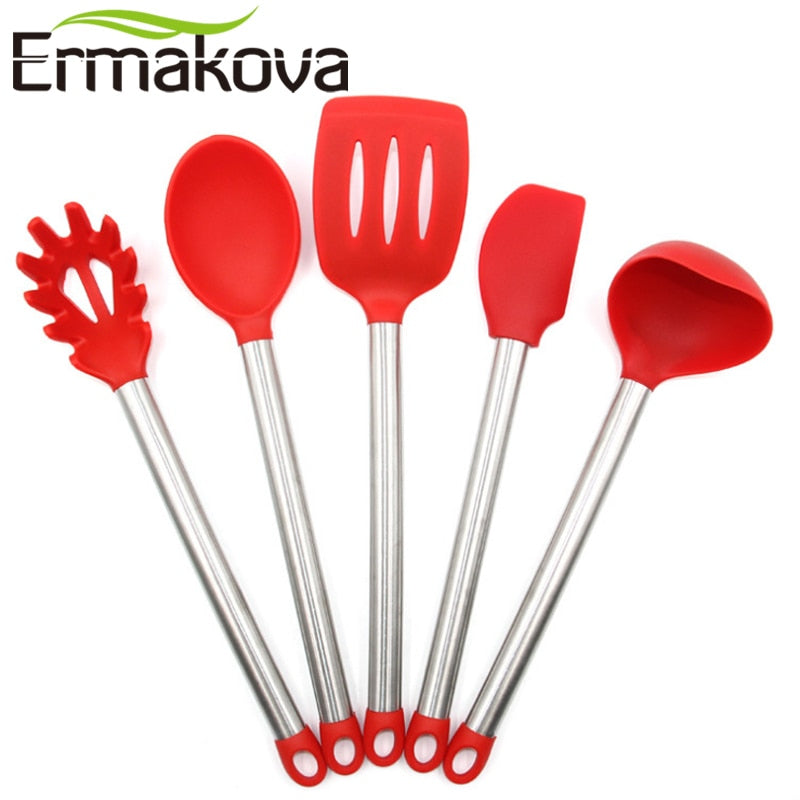 ERMAKOVA 5 Pcs/Set Silicone Pasta Fork Turner Spatula Ladle Cooking Spoon Stainless Steel Handle Kitchen Cooking Utensils Set