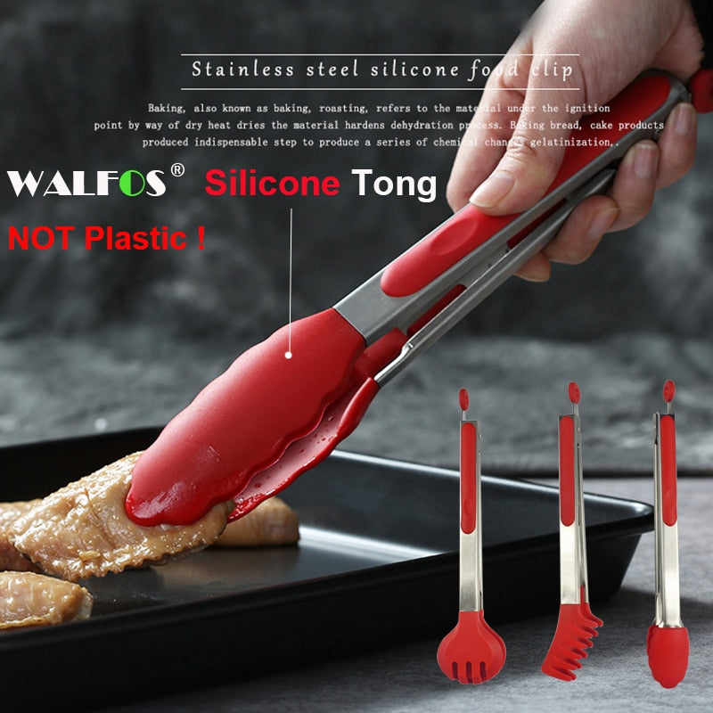 WALFOS Food Grade 100% Silicone food tong Kitchen Tongs utensil Cooking Tong clip Clamp accessories Salad Serving BBQ tools