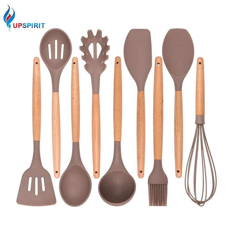 Upspirit 9PCS Silicone Kitchen Utensil Set Heat Resistant Cooking Tools with Wood Handle Kitchen Gadgets Tools Set Dining&Bar