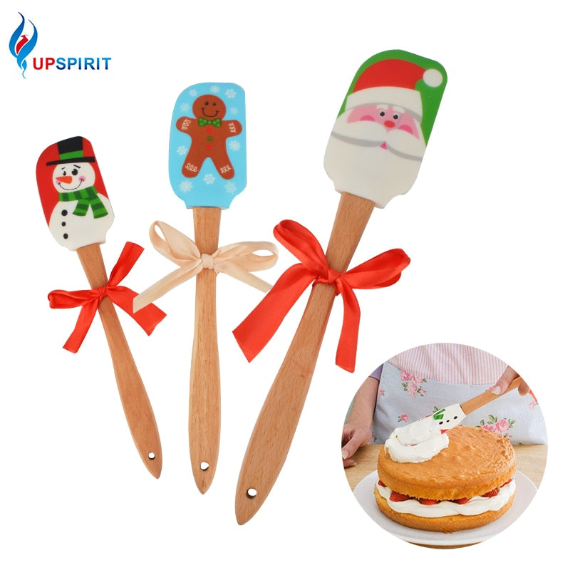 Upspirit Silicone Cream Spatula with Wood Handle Christmas Themed Heat-resistant Spatula Non stick Flexible Kitchen Utensils