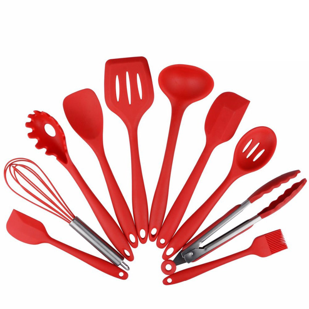 Leeseph Silicone Kitchen Utensils, 10 Piece Cooking Utensil Set Spatula, Spoon, Ladle, Spaghetti Server, Slotted Turner.  Cooking Tools