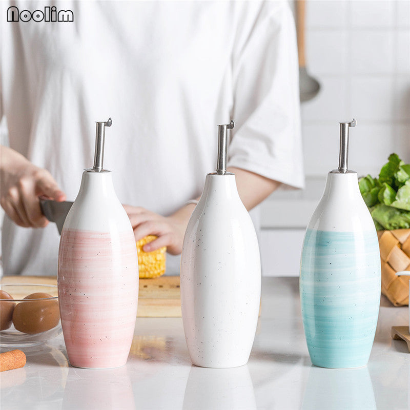 NOOLIM European Ceramic Household Oil Pot Soy Sauce Vinegar Olive Oil Bottle BBQ Dispenser Shaker Kitchen Utensil Seasoning Can