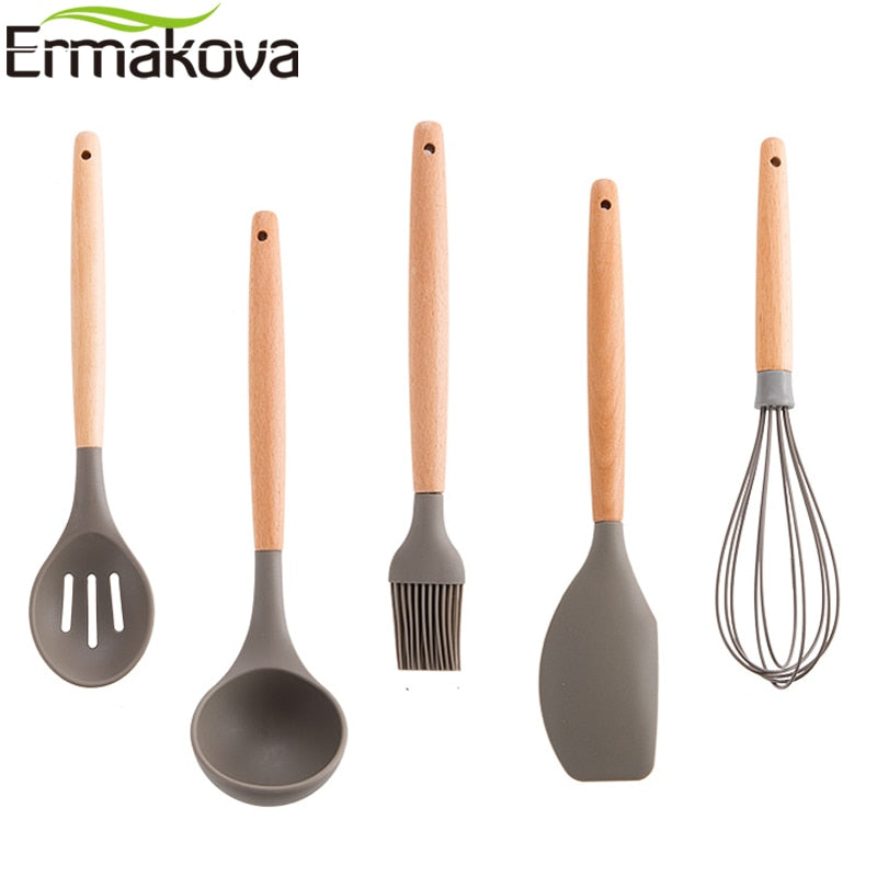 ERMAKOVA Silicone Kitchen Cooking Utensil Tool Non-Stick Heat Resistant Slotted Spoon Scraper Ladle Brush Whisk with Wood Handle