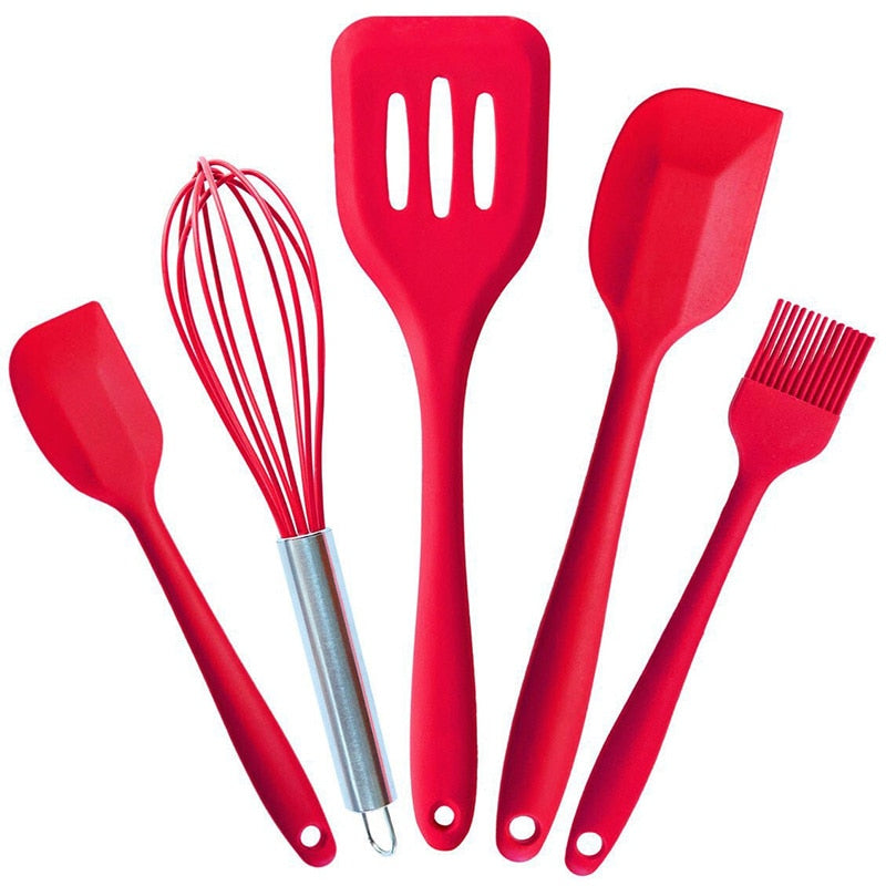 Xingcheng 5PCS/Set Silicone Kitchen Accessries Slotted Shovel 2Sizes Spatula  Mini Brush Egg Beater Red Color For Non-Stick Pot