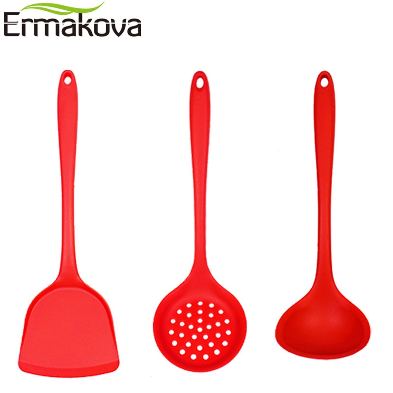 ERMAKOVA Set of 3 Non-Stick Silicone Turner Spatula Skimmer Spoon Soup Ladle Heat-Resistant Kitchen Cooking Utensils Set