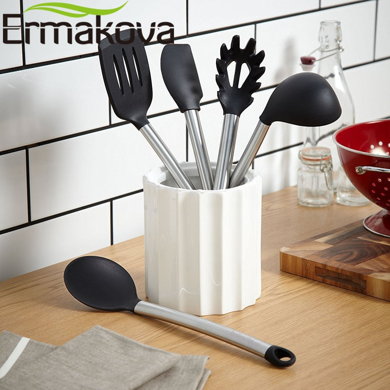 ERMAKOVA Silicone Pasta Fork Turner Spatula Ladle Cooking Spoon Stainless Steel Handle Kitchen Cooking Utensil Set