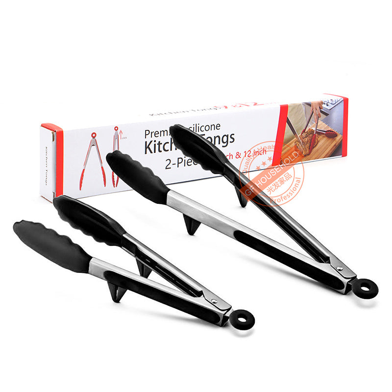 Leeseph 2 Pack (9 & 12 Inch), Stainless Steel Kitchen Tongs with Silicone Tips and Handle, BBQ, Grill or Cooking Clip, Serving Tongs